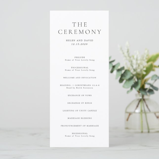 Elegant Black and White Classic Wedding Programm (Stehend Vorderseite)