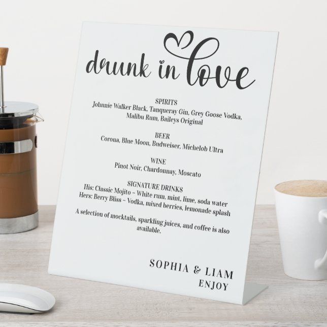 Elegant Black and White Drunk in Love Wedding Menu Sockelschild (In Situ)