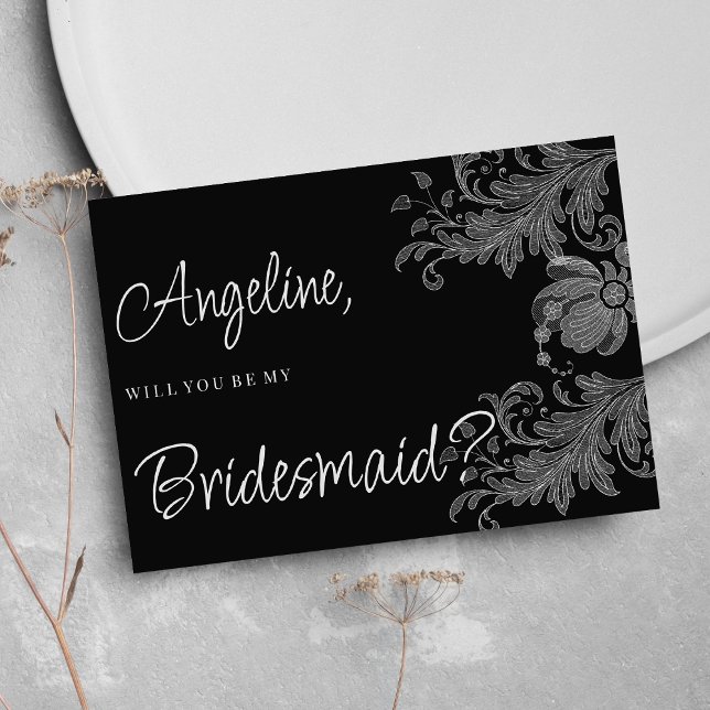  Elegant black and white floral lace Bridesmaid Einladung (Elegant black and white floral lace Bridesmaid )