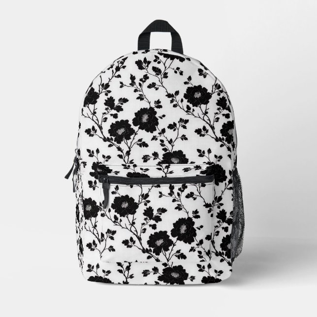 Elegant Black And White Floral Silhouette Botanica Bedruckter Rucksack (Vorderseite)