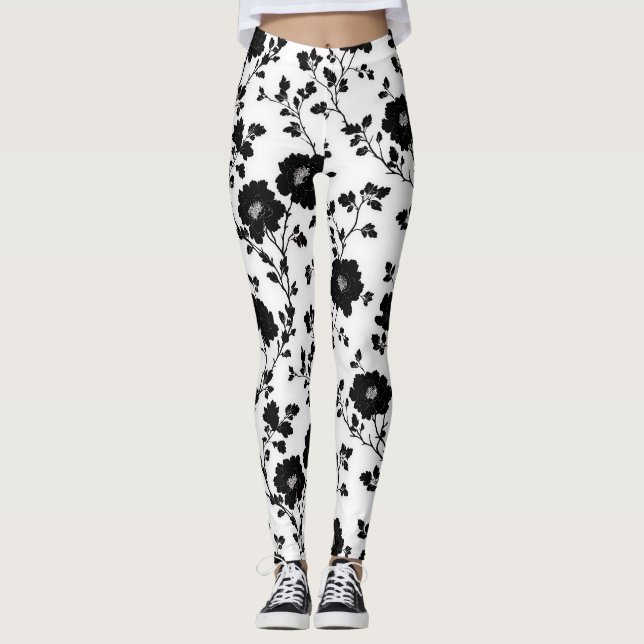 Elegant Black And White Floral Silhouette Botanica Leggings (Vorderseite)