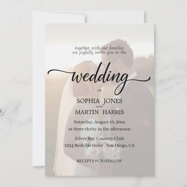 Elegant Black and White Photo Overlay Wedding Einladung (Vorderseite)