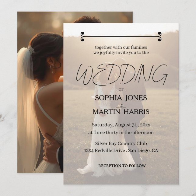 Elegant Black and White Photo Overlay Wedding  Einladung (Vorne/Hinten)
