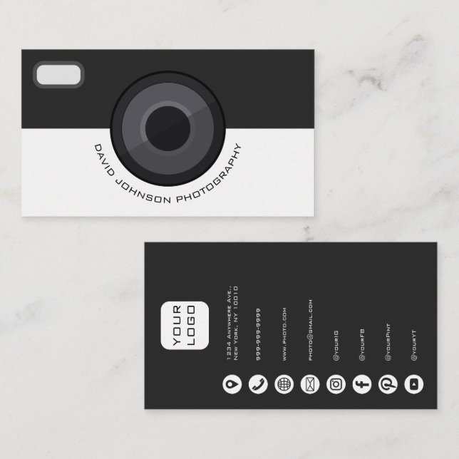 Elegant Black and White Photographer Business Card Visitenkarte (Vorne/Hinten)