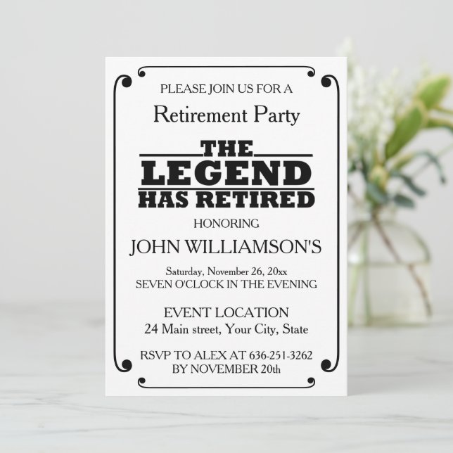 Elegant Black and White Retirement party Einladung (Stehend Vorderseite)