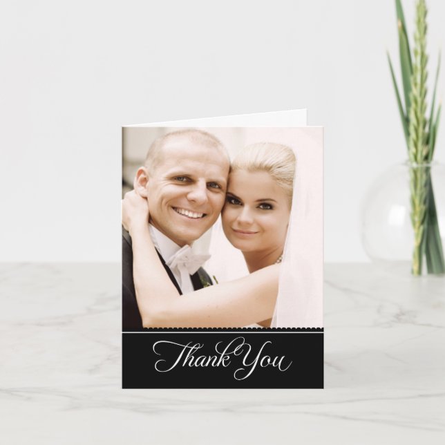 Elegant Black and White Scalloped Wedding Foto Dankeskarte (Vorderseite)