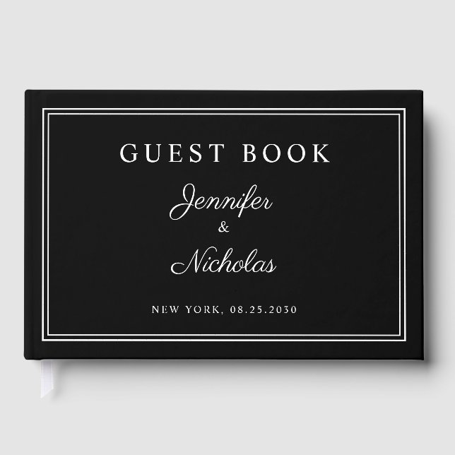 Elegant Black And White Script Wedding Gästebuch (Vorderseite)