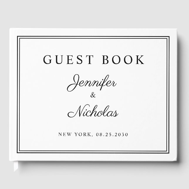 Elegant Black And White Script Wedding Gästebuch (Vorderseite)