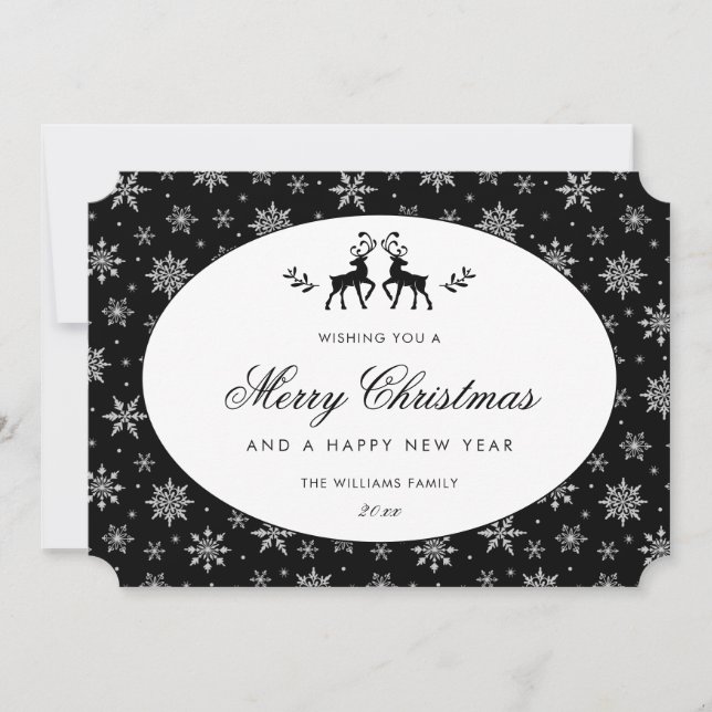 Elegant Black and White Snowflake Reindeer Feiertagskarte (Vorderseite)