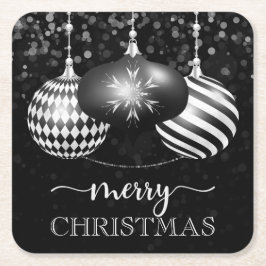 Elegant Black and Whtie Baubles Frohe Weihnachten Rechteckiger Pappuntersetzer