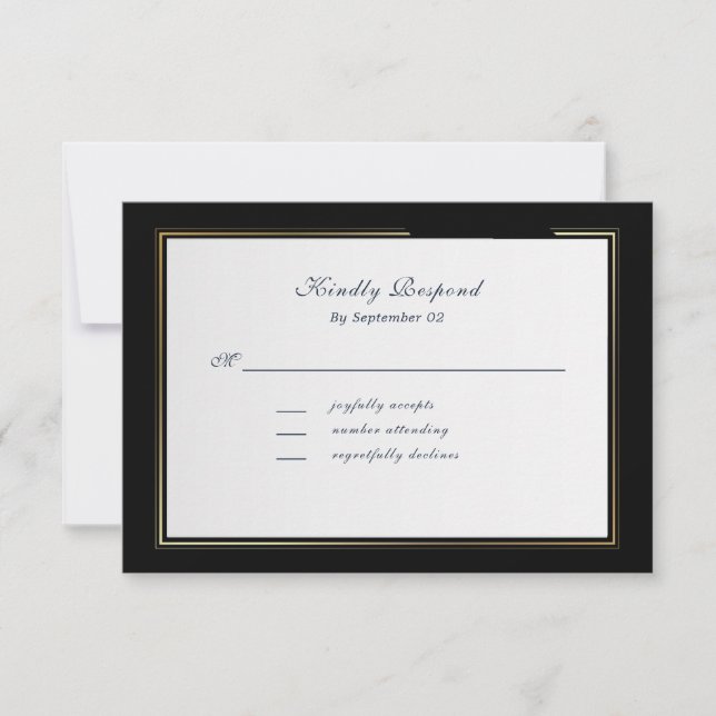 Elegant Black Background Gold Frame RSVP (Vorderseite)