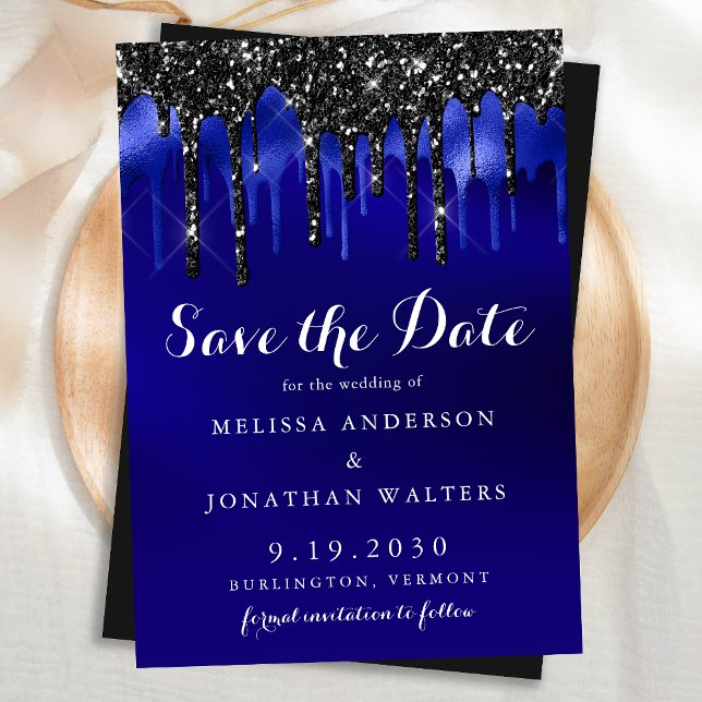 Elegant Black Blue Glitter Drips Police Wedding Save The Date (Von Creator hochgeladen)