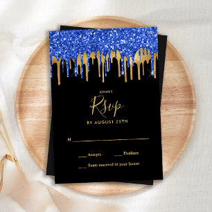 Elegant Black Blue Gold Glitter Drips Wedding RSVP Karte