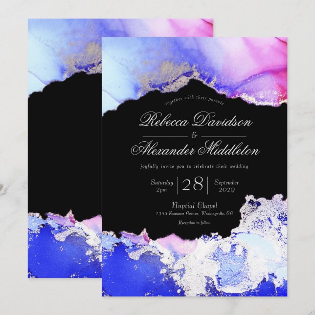 Elegant Black Blue Lila Silver Formal Wedding Einladung (Vorne/Hinten)