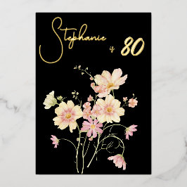 Elegant Black Blush Floral 80th Birthday Rose Gold Folieneinladung