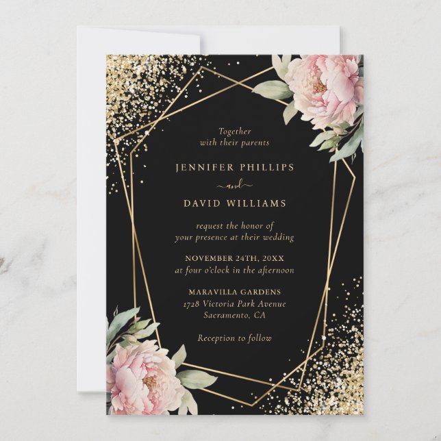 Elegant Black Blush Pink Peony Geo Gold Wedding Einladung (Vorderseite)
