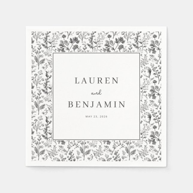 Elegant Black Botanical Border Serviette (Vorderseite)