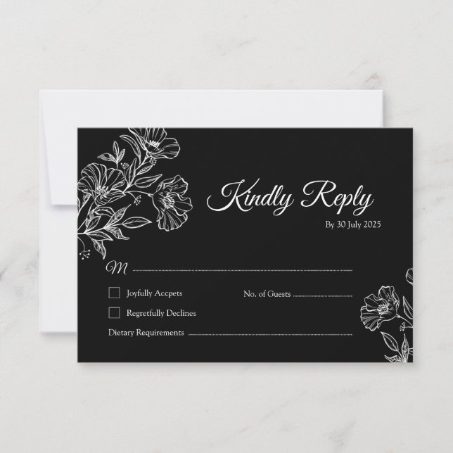 Elégant Black Botanical Line Art Wedding Carte RSV (Devant)