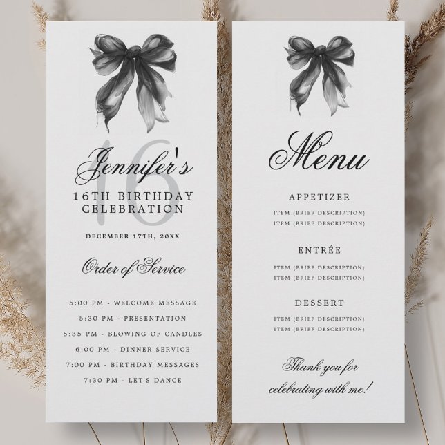 Elegant Black Bow 16th Birthday Party Program Menu Einladung (Elegant Black Bow 16th Birthday Party Program Menu)