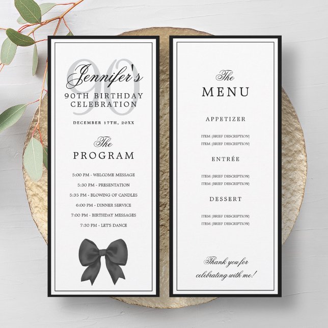Elegant Black Bow 90th Birthday Program + Menu  Einladung (Elegant Black Bow 90th Birthday Program + Menu )