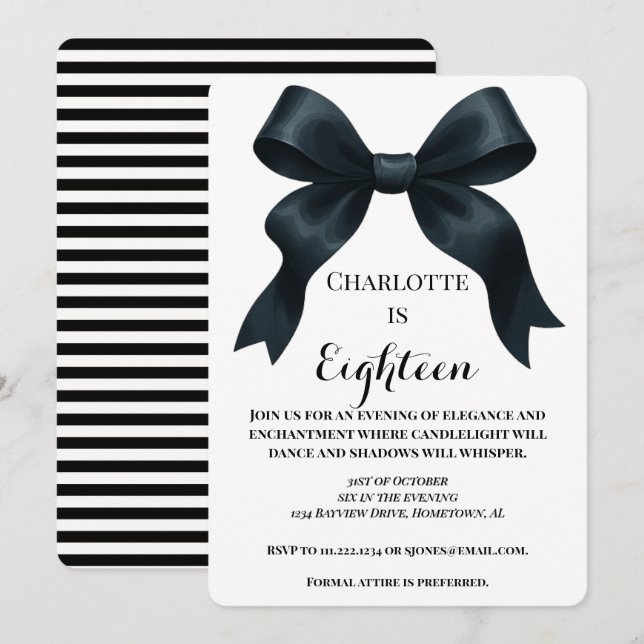 Elegant Black Bow Birthday Invite - Black Stripe Einladung (Vorne/Hinten)