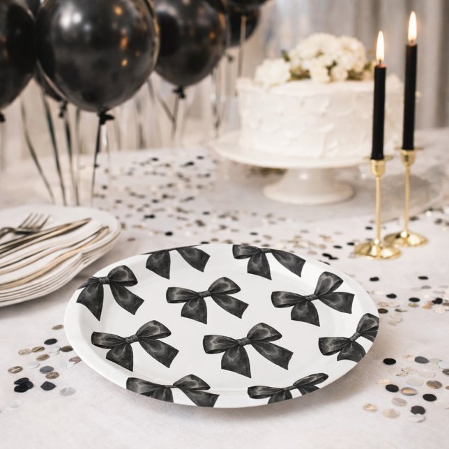 Elegant Black Bow Birthday Pappteller (Elegant Black Bow Birthday Paper Plates)