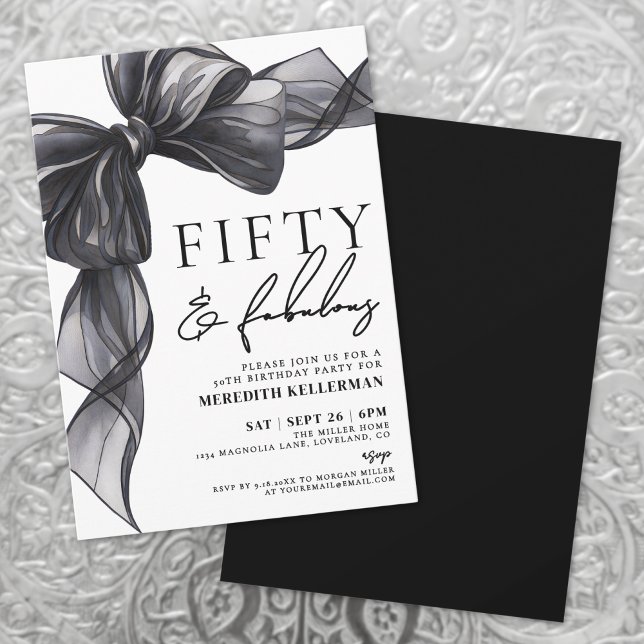 Elegant Black Bow Fifty & Fabulous 50th Birthday Einladung (Elegant Black Bow Fifty & Fabulous 50th Birthday Invitation)