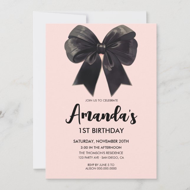 Elégant Black bow Girl anniversaire Invitation (Devant)