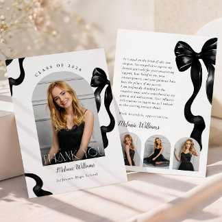Elegant Black Bow Graduation Photo Thank You Card Dankeskarte