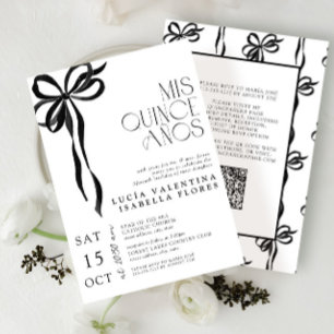 Elegant Black Bow Mis Quince Años QR Quinceañera Einladung