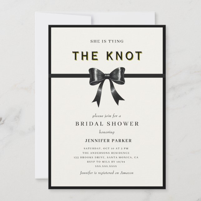 Elegant Black Bow Tying the knot Bridal Shower Einladung (Vorderseite)
