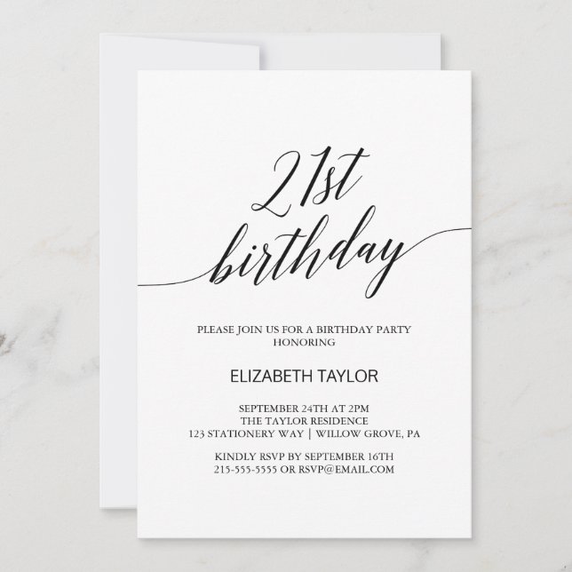 Elegant Black Calligraphy 21. Geburtstag Einladung (Vorderseite)