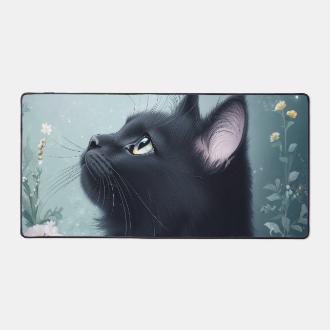 Elegant Black Cat Teal Mint Mystical Garden Schreibtischunterlage (Vorderseite)
