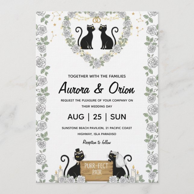 Elegant black cat wedding invitation (Devant)