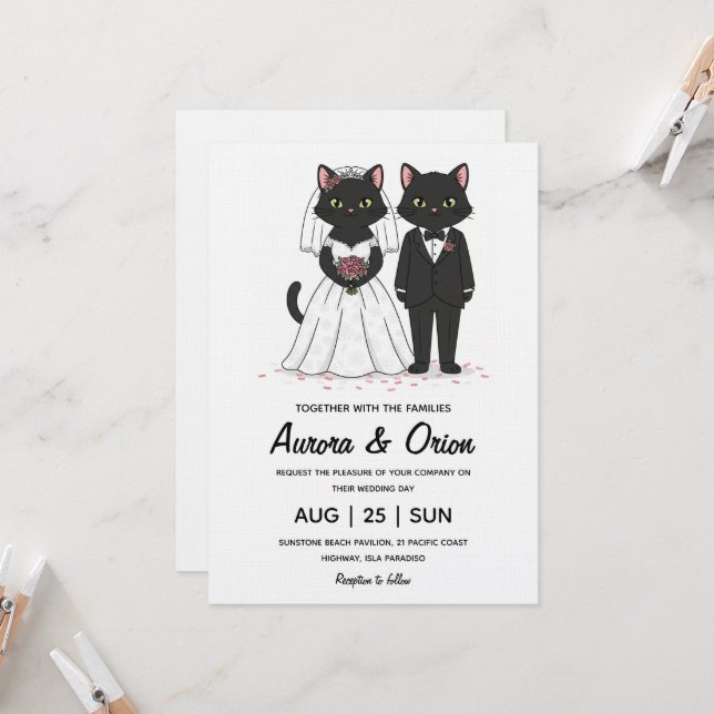 Elegant black cat wedding invitation (Devant/Arrière en situation)