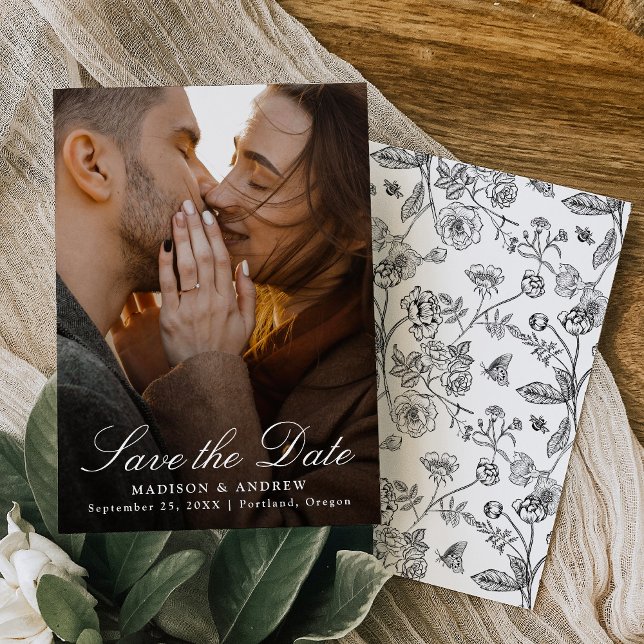 Elegant Black Chinoiserie Photo Wedding Save The Date (Von Creator hochgeladen)