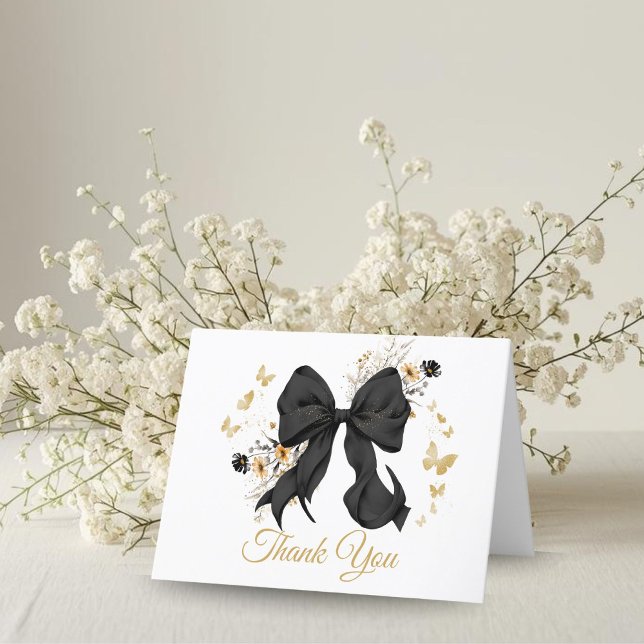 Elegant Black Coquette Bow Danke Karte (Elegant Black Bow Wildflower thank you card)