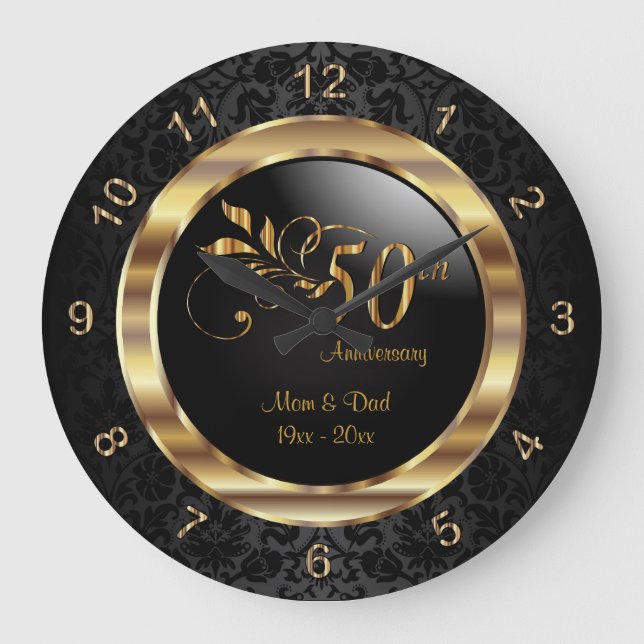 Elegant Black Damask - 50. Goldenes Jahr Große Wanduhr (Vorderseite)