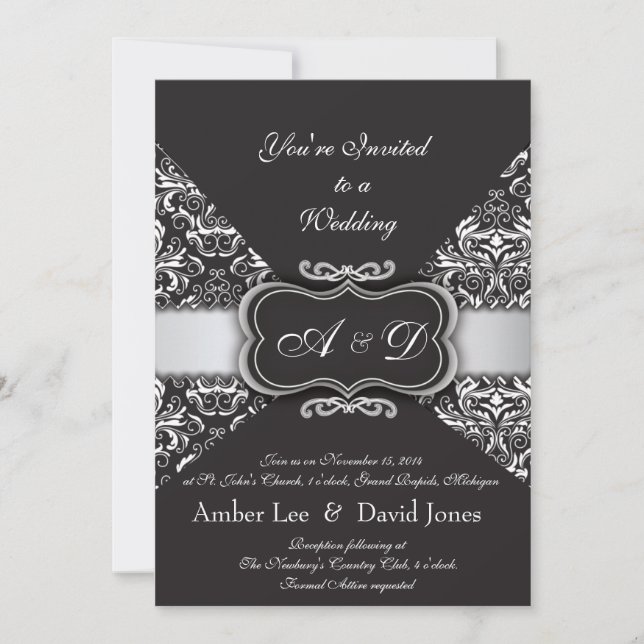 Elegant Black Damask und Silberhochzeit Einladung (Vorderseite)