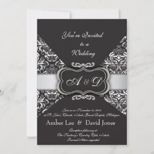 Elegant Black Damask und Silberhochzeit Einladung