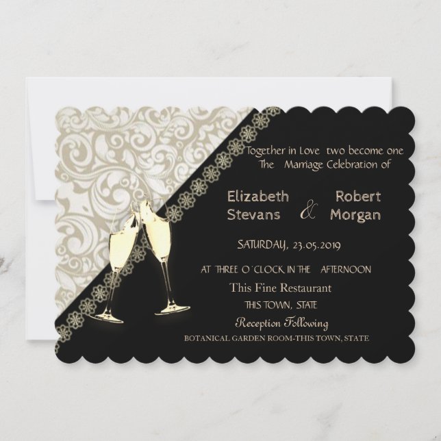 Elegant Black, Damask Wedding Einladung (Vorderseite)