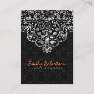 Elegant Black Damasks Silver Metallic Vintage Spit Visitenkarte