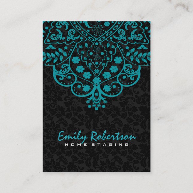 Elegant Black Damasks Türkis Blue Vintag Lace Visitenkarte (Vorderseite)