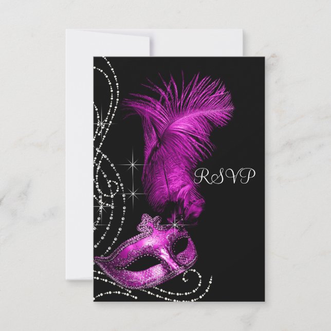 Élégant Black et Hot Rose Masquerade Party RSVP (Devant)