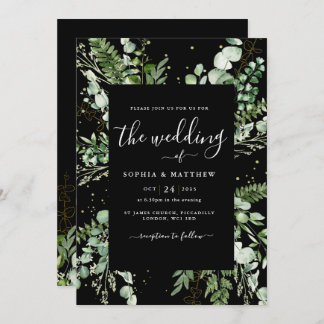 Elegant Black & Eucalyptus Wedding Einladung