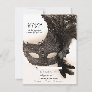 Elegant Black Feather Masquerade Tan Wedding RSVP Einladung