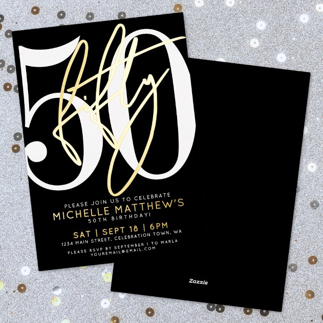 Elegant Black Fifty 50th Birthday Gold Folieneinladung (Elegant Black Fifty 50th Birthday Gold Foil Invitation)