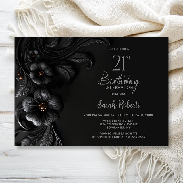 Elegant Black Floral 21st Birthday Party Einladung (Von Creator hochgeladen)
