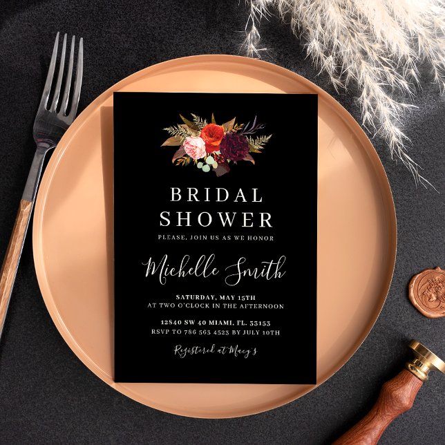 Elegant Black Floral Bridal Shower  Einladung (Von Creator hochgeladen)
