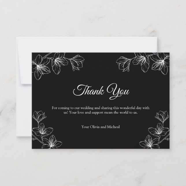 Elegant Black Floral Line Art Wedding  Dankeskarte (Vorderseite)